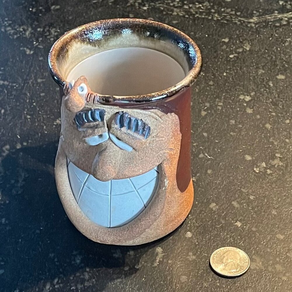Adorable 8 Oz. Pottery Mug, Handcrafted Silly Faces, Vintage - Picture 2 of 9